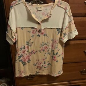 BiBi Peach Floral Short Sleeve Henley Top with White Yoke